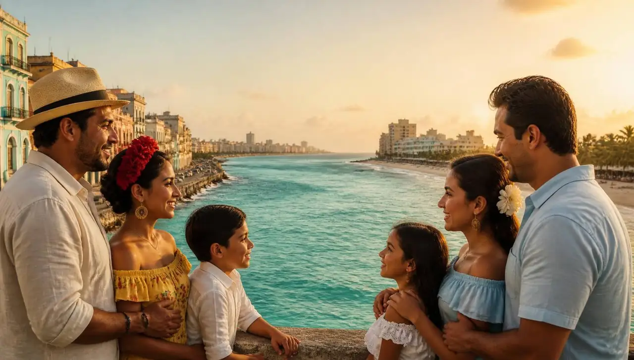 Familias mexicanas y cubanas reunidas frente al mar Caribe
