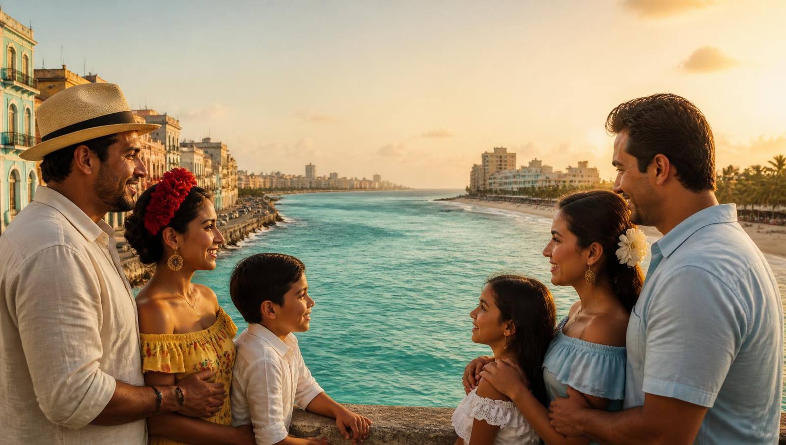 Familias mexicanas y cubanas frente al mar